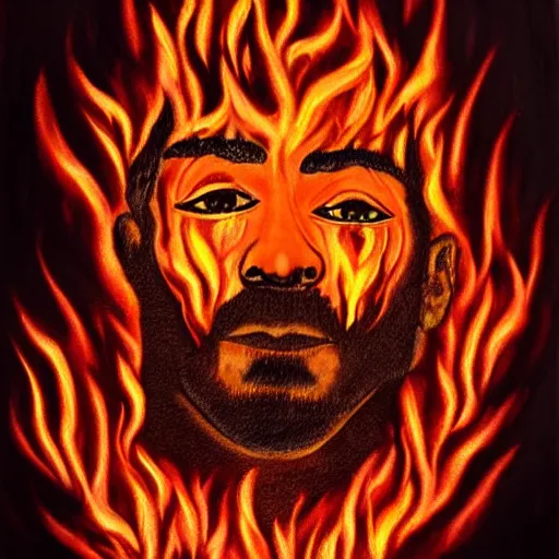 Prompt: image with male face made of fire, artistic drawing, made entirely from painted flames, trending on Artstation