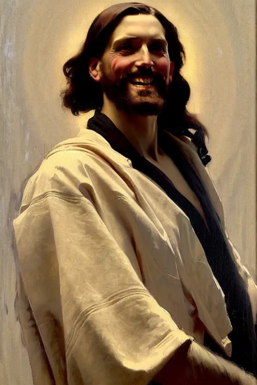 Image similar to leyendecker!!!!!!!!! solomon joseph solomon and richard schmid and jeremy lipking victorian loose genre loose painting full length portrait painting of jesus with a slight smile happy inviting