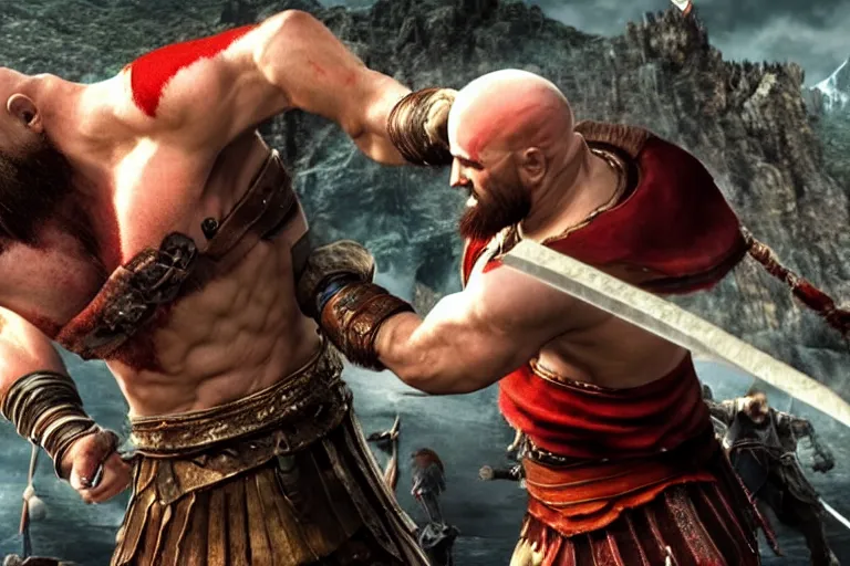 Prompt: Kratos fighting in Asgard