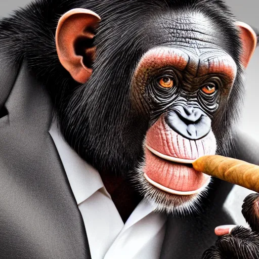 Image similar to a high detail shot of a chimp wearing a suit, smoking a cigar, render, cgsociety, photorealism