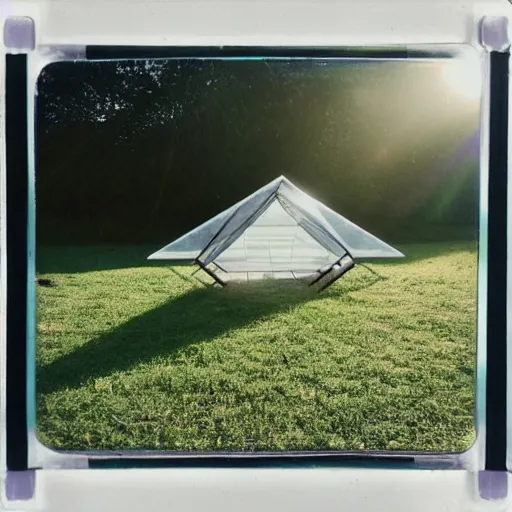 Image similar to a pastel coloured Polaroid photo of a sun lounger and shelter made of transparent iridescent perspex stood centrally in a field, beams of light, nostalgic