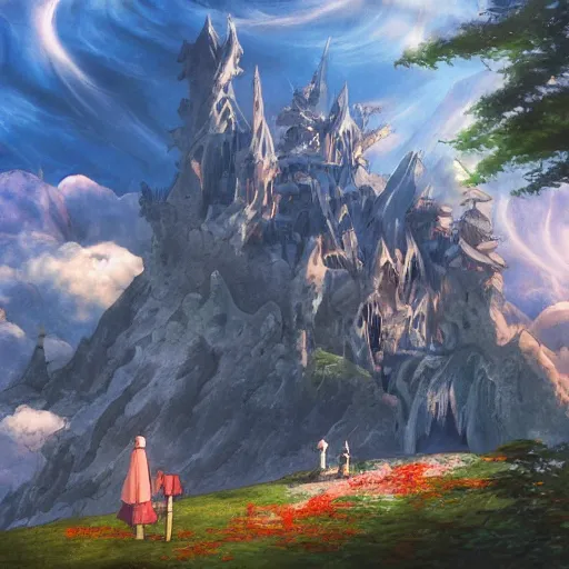 Prompt: a fantasy landscape painted by hayao miyazaki