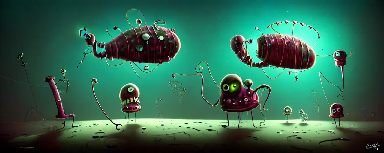 Image similar to wild whimsical plankton mutants from the depths of a wasteland deep in the imaginal realm, dramatic lighting, surreal fleischer cartoon characters, shallow dof, surreal painting by ronny khalil