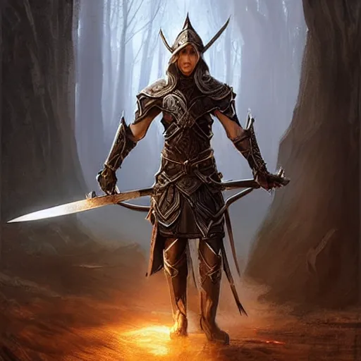 Image similar to standing elf with armor of rivendel and a curve long sword in full body and detailed face, epic masterpiece of cinematographic hyperrealism, realistic shaded lighting poster by craig mallismo, artgerm, jeremy lipkin and michael garmash, unreal engine, radiant light, detailed and intricate environment, digital art, art station trends
