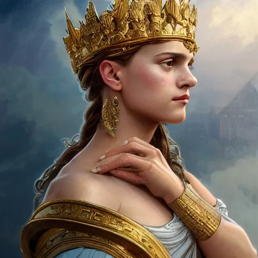 Image similar to portrait of Alicia Vikander as a greek goddess, marble statue, greek mythology, gold crown and filaments, intricate, headshot, highly detailed, digital painting, artstation, concept art, sharp focus, cinematic lighting, illustration, art by artgerm and greg rutkowski, alphonse mucha, cgsociety