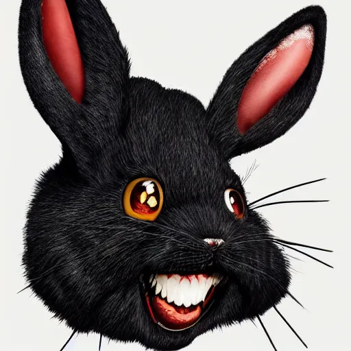 Image similar to A extremely highly detailed majestic hi-res beautiful, highly detailed head and shoulders portrait of a scary terrifying, horrifying, creepy black cartoon rabbit with scary big eyes, earing a shirt laughing, hey buddy, let's be friends, in the style of Walt Disney animation