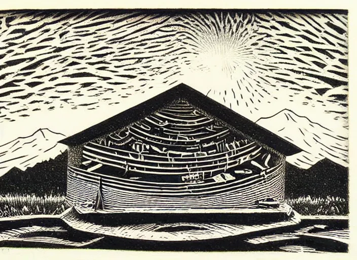 Image similar to a beautiful wood engraving on paper of the museum of everything