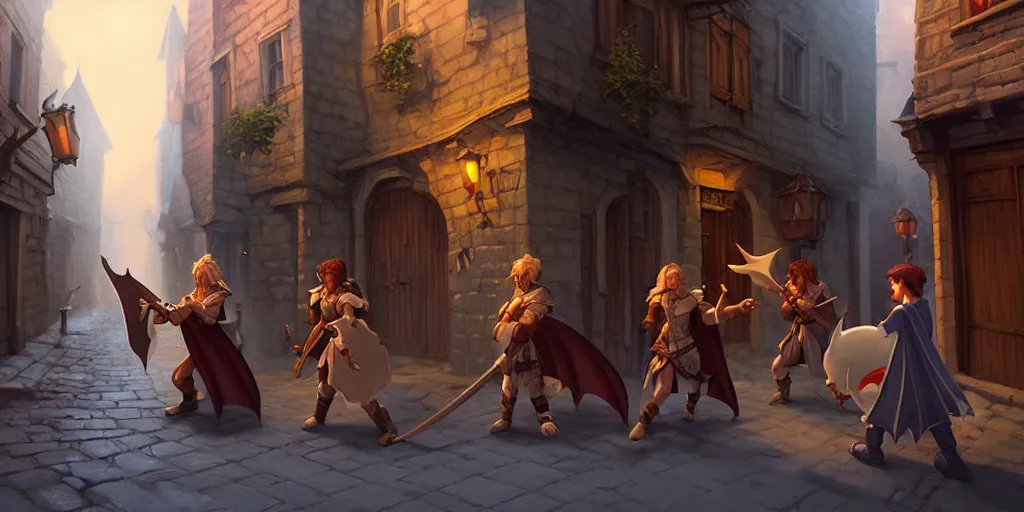 Prompt: an exciting fantasy street battle within a fascinating old city, photo-real characters, narrow streets, old buildings, by Sylvain Sarrailh, cinematic, simple but effective composition, clean lines, beautiful digital painting, oil painting, ultra photo-real render, great character design, dungeons and dragons, lord of the rings, close up characters, fantasy races