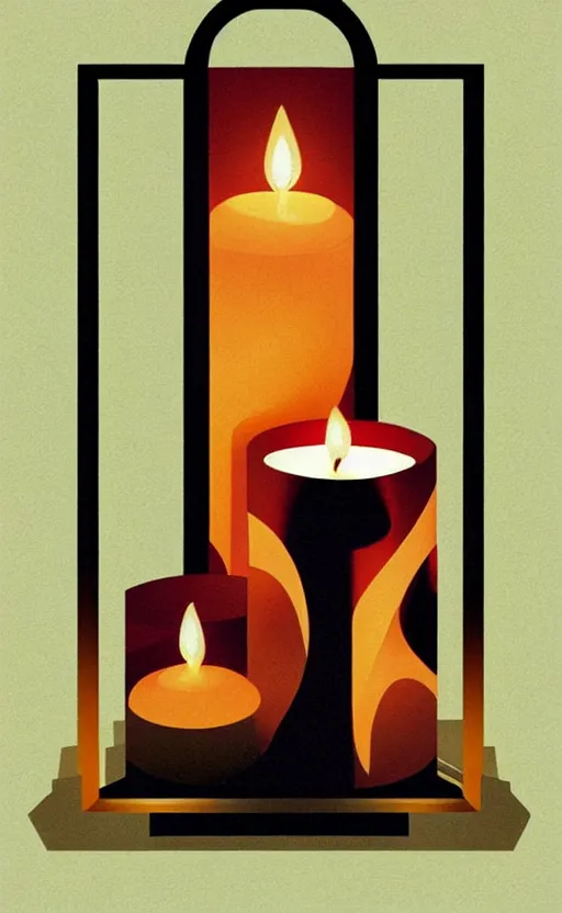 Image similar to illustration with beautiful scented candles, close - up photo in cozy interior, candle lighting, shadow play, light refraction, mirror, glowing, an art deco painting by tom whalen, trending on behance, art deco, digital illustration, storybook illustration, grainy texture, flat shading, vector art, airbrush, pastel, watercolor, poster