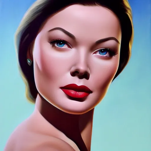 Image similar to young beautiful Gene Tierney color studio publicity photo , tight face shot portrait, highly detailed, painting, artstation, concept art, illustration, art , by graydon parrish