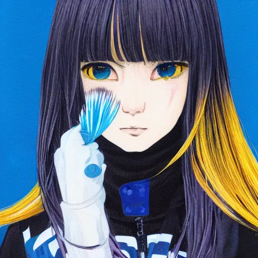 Prompt: profile shot of rimuru tempest, sky blue straight hair, long bangs, gold eyes, wearing a black jacket with white stripes, high collar, ultra detailed, wild brush strokes, digital painting, cinematic, wlop, galactic background, pixiv, color block, eerie, scary, yoshitaka amano, ilya kuvshinov, andy warhol