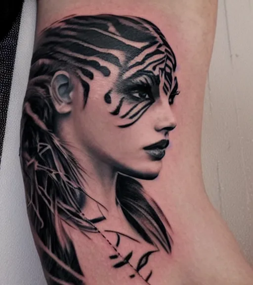 Image similar to tattoo design of a beautiful girl warrior, above the girl there is a tiger head, hyper realistic, realism tattoo, by eliot kohek, beautiful eyes, realistic face, black and white, white background