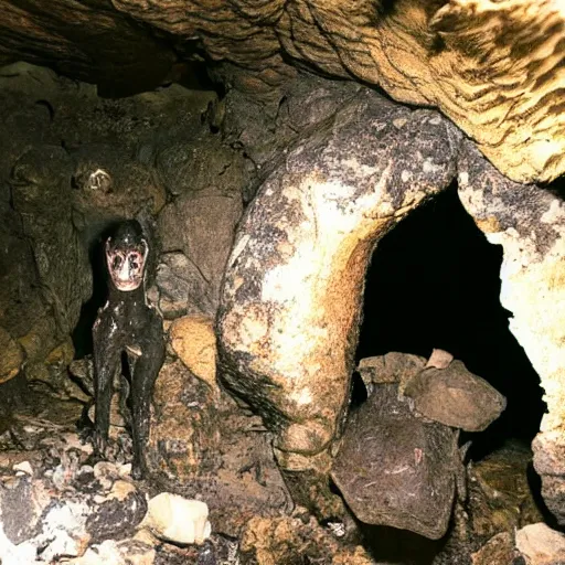 Prompt: photo inside a cavern of a scary humanoid partially hidden behind a rock with wet lizard skin and a mouth with sharp tooth and black eyes, staring at a tourist