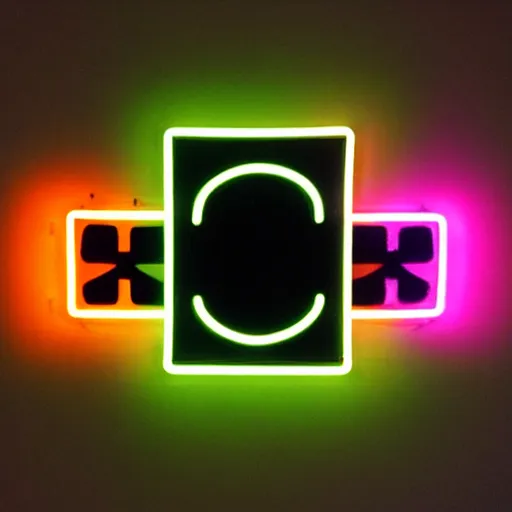 Prompt: neon logo of a space invader on a shield