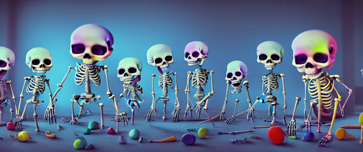 Prompt: hyperrealistic very cute multicolored skeletons breaking bones jason limon concept art dramatic blue lighting wide angle hd 8k sharp shallow depth of field