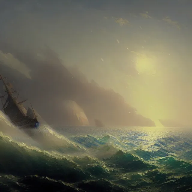 Image similar to a beautiful painting of the sea by ( ivan aivazovsky ) and daniel oxford and greg rutkowski and george varodi. in style of concept art. 4 k texture. ray tracing. sharp lines, hyper detailed. octane render. trending on artstation