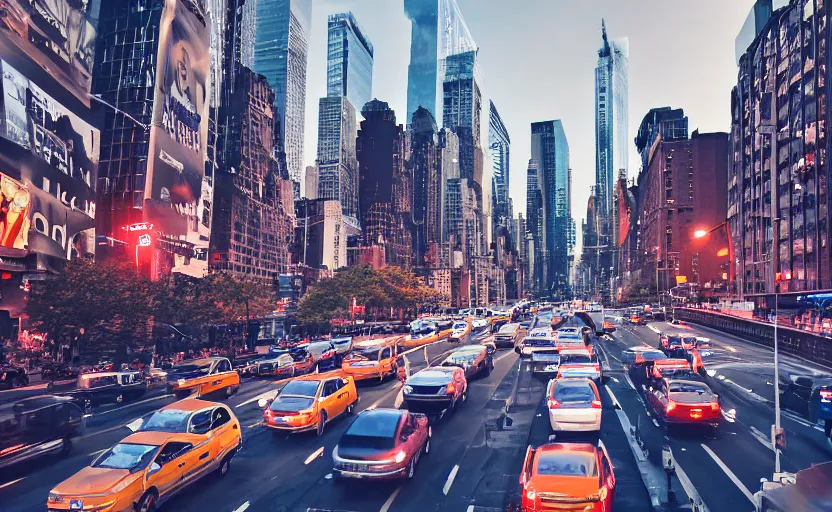 Image similar to busy nyc street , dense traffic , metro train on bridge over street, cinematic lighting, still photo