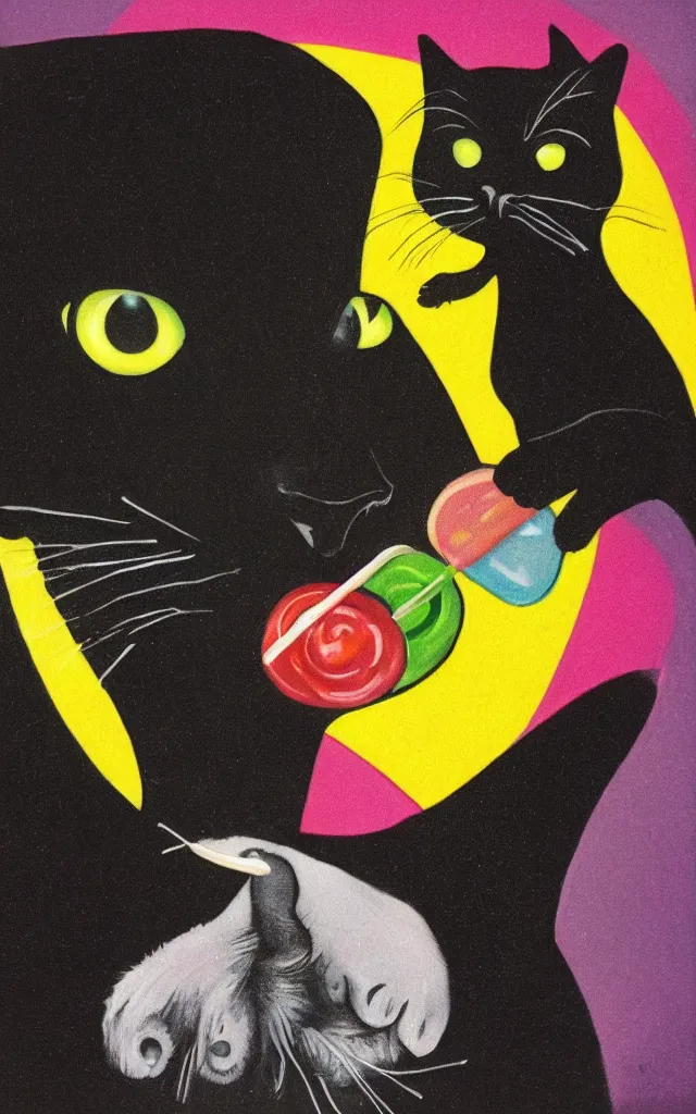 Prompt: a black cat eating a lollipop while being watched by mysterious eyes in the darkness, airbrush giallo 80s, masterpiece album cover with black gradient on edges