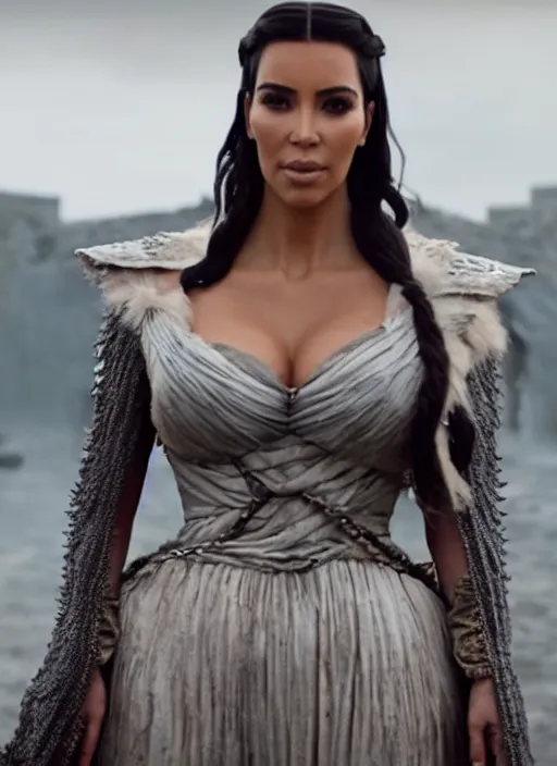 Image similar to film still of kim kardashian as daenerys targary in game of thrones.