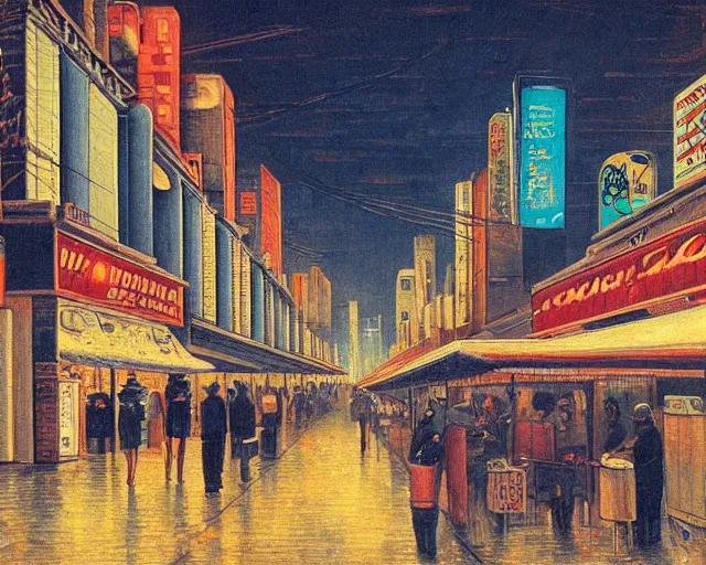 Image similar to street with food stands in a cyberpunk city on a rainy melancholy night by de chirico