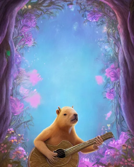 Image similar to Capybara playing Guitar in magical forest, portrait, wearing flower crown, magical notes, flowers, flower dress, birds, fairy atmosphere, magic the gathering artwork, D&D, fantasy, cinematic lighting, centered, symmetrical, highly detailed, digital painting, artstation, concept art, smooth, sharp focus, illustration, volumetric lighting, epic Composition, 8k, art by Akihiko Yoshida and Greg Rutkowski and Craig Mullins, oil painting, cgsociety