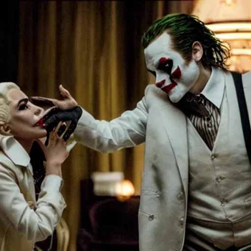 Image similar to ultra realistic candid photograph from joaquin phoenix with lady gaga in new joker movie footage's, intricate details, face details