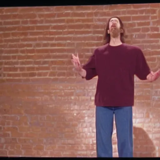 Image similar to Photo still of Jesus Christ in 1990s clothing doing a stand-up routine in front of a brick wall in a dimly lit comedy club, in the style of the TV show Seinfeld (1994)