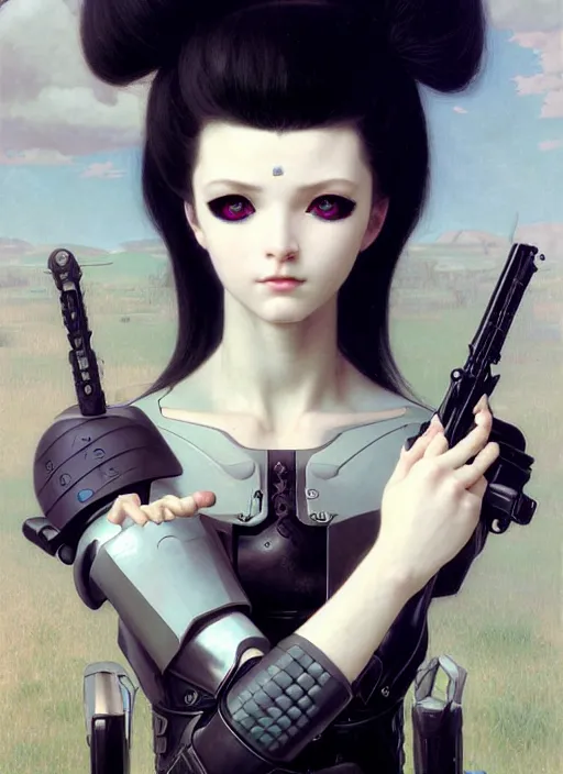 Image similar to portrait of beautiful cute young goth balenciaga military maiden cyborg girl with white hair in warhammer armor, art by ( ( ( kuvshinov ilya ) ) ) and wayne barlowe and gustav klimt and artgerm and wlop and william - adolphe bouguereau