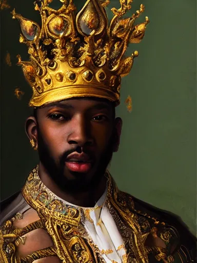 Prompt: rococo portrait of a black prince wearing a golden crown with pastel flowers, symmetrical, realistic, 8 k, digital painting, art by krenz cushart, kehinde wiley, artem demura