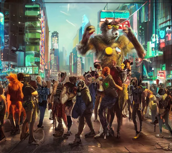 Image similar to high - resolution photograph from a cyberpunk era furry fandom convention ( midwest furfest 2 0 4 7 ), taking place after the genetic revolution and quantum singularity. photorealistic.