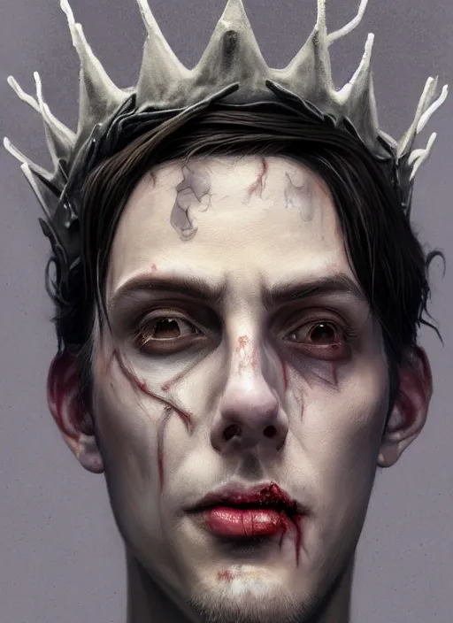 Image similar to portrait of zombie jughead jones wearing a light grey crown, photorealistic, zombie, crown, eyes closed, crown, black hair, intricate, elegant, glowing lights, highly detailed, digital painting, artstation, concept art, sharp focus, illustration, art by wlop, mars ravelo and greg rutkowski