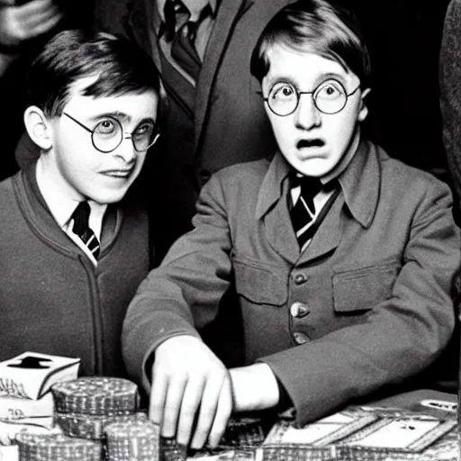 Prompt: harry potter and adolf hitler playing poker in hogwarts