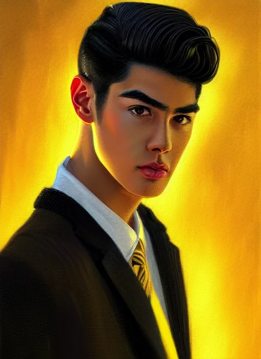 Prompt: portrait of young reggie mantle, mean smirk, egotistical, slicked back hair, striped yellow and black sweater, 1 9 5 0 s, intricate, elegant, glowing lights, highly detailed, digital painting, artstation, concept art, smooth, sharp focus, illustration, art by wlop, mars ravelo and greg rutkowski