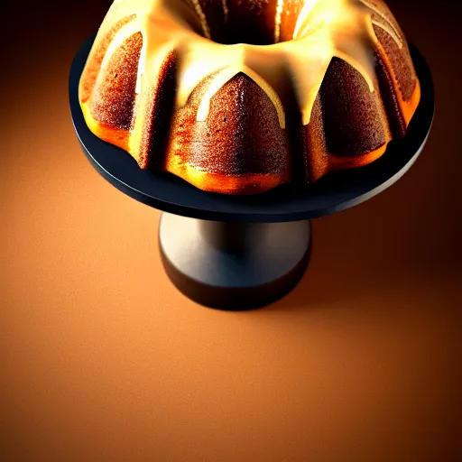 Prompt: portrait of a glazed bundt cake on a cake stand shaped like a woman\'s body, digital art, 8k, trending on artstation