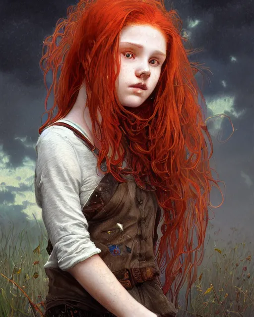 Image similar to portrait of 1 4 - year - old girl with flaming red hair, a lot of freckles, and bright brown eyes, wearing shirt, hyper realistic face, beautiful eyes, fantasy art, in the style of greg rutkowski, intricate, alphonse mucha, hyper detailed, smooth