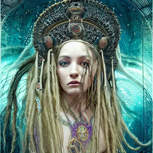 Prompt: intricate detail, hyper detail, lady of elche techno mystic goddess princess intergalactica, goddess inanna, ashteroth, with aqua neon rapunzel dreadlocks, mami wata, detailed, by gaston bussiere, bayard wu, greg rutkowski, h. r. giger, greg rutkowski, sandro botticelli, masterpiece, sharp focus,