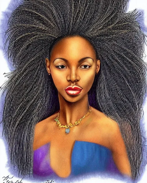 Image similar to a pretty young african woman with an extravagant hair style, colored pencil highly realistic rendering graphic collage in the style of Erica Rose Levine