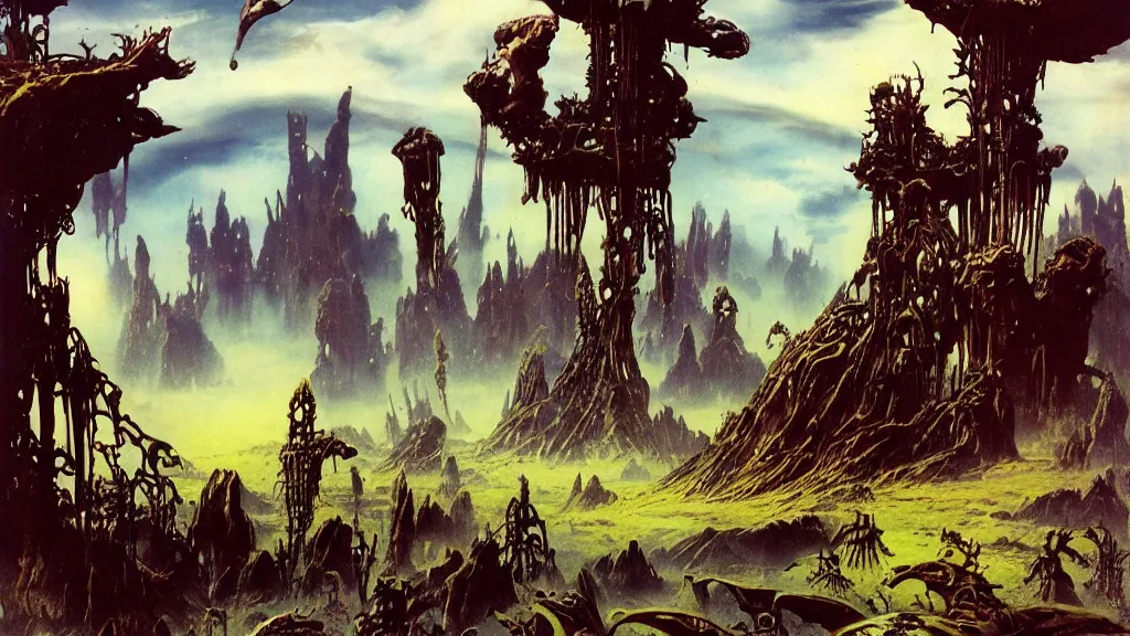 Image similar to surreal eerie alien planet empire with strange biomechanical plants by frank frazetta and bruce pennington, cinematic matte painting