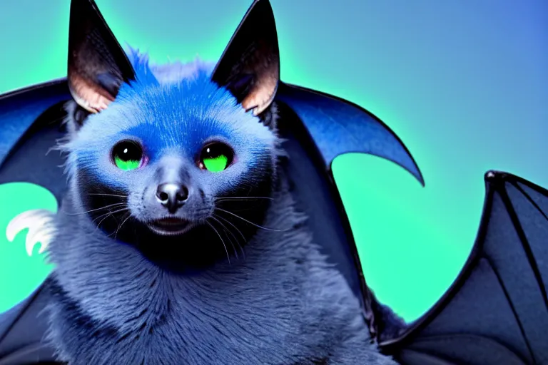 Prompt: a blue - and - black male catbat fursona with blue / green heterochromatic eyes ( one blue, one green ) and huge bat ears, photo of the catbat streaming on his computer