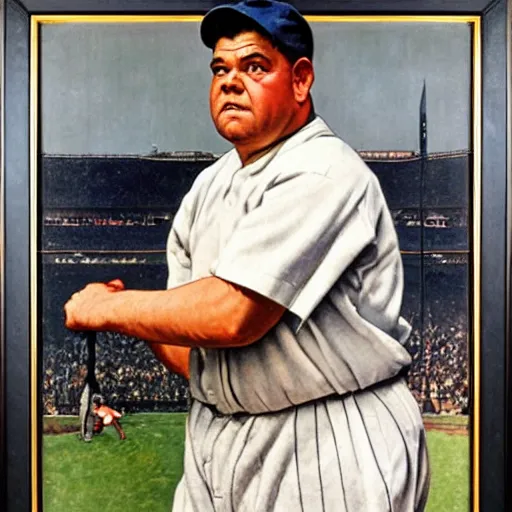 Image similar to a portrait painting of Babe Ruth. Painted by Norman Rockwell