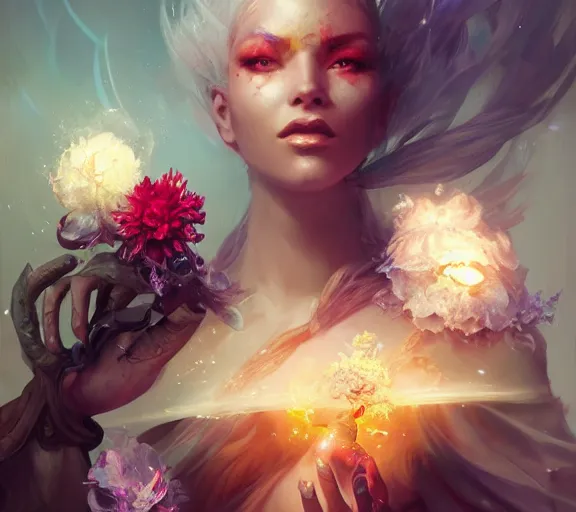 Image similar to beautiful girl necromancer covered with crystals exploding ice, 3 d render, hyper realistic detailed portrait, holding magic flowers, ruan jia, wlop. scifi, fantasy, hyper detailed, octane render, concept art, peter mohrbacher