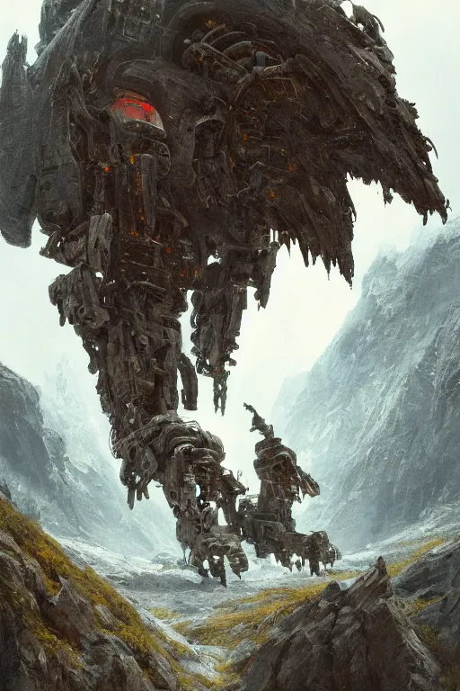 Prompt: a detailed portrait of a giant mechanical humanoid burryed in the mountains by Greg Rutkowski, Sung Choi, Mitchell Mohrhauser, Maciej Kuciara, Johnson Ting, Maxim Verehin, Peter Konig, final fantasy, Marco lense , 8k photorealistic, cinematic lighting, HD, high details, atmospheric , trending on artstation