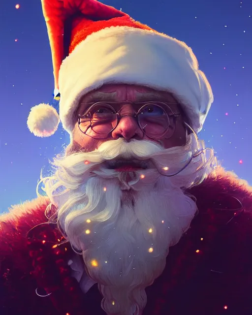 Image similar to highly detailed surreal vfx portrait of a candypunk santa, stephen bliss, unreal engine, greg rutkowski, loish, rhads, beeple, makoto shinkai and lois van baarle, ilya kuvshinov, rossdraws, tom bagshaw, alphonse mucha, global illumination, detailed and intricate environment