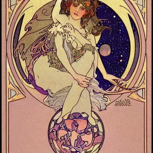 Image similar to princess fairy creating planets, art nouveau by Mucha, beautiful detailed illustration