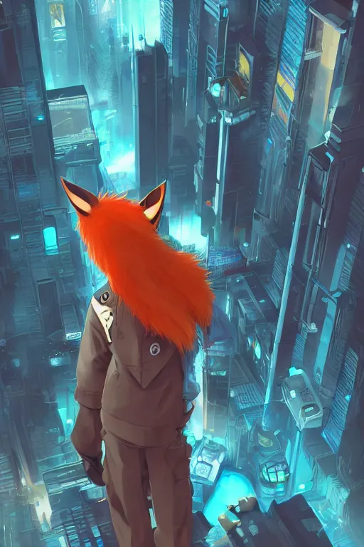 Image similar to a cyberpunk anthropomorphic fox with a fluffy tail staring over a futuristic city from the top of a roof, comic art, trending on furaffinity, cyberpunk, backlighting, cartoon, by kawacy, anime!!!