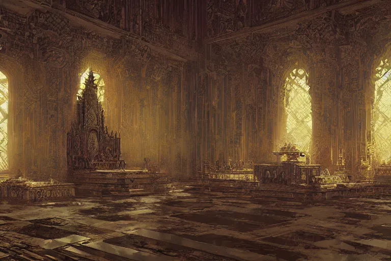 Image similar to close up view of a throne room interior, intricate, elegant, highly detailed, john park, craig mullins, sparth, ruan jia, jeffrey catherine jones