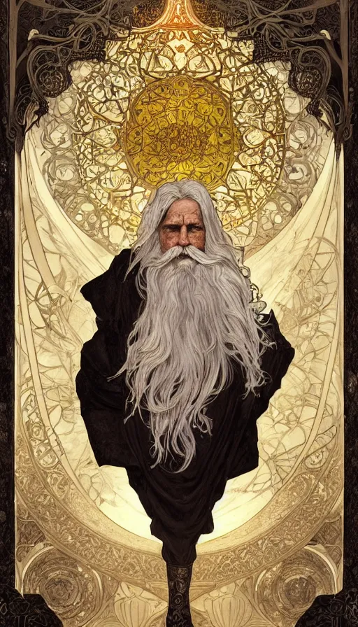 Image similar to an old man with a light, a black cloak and a white beard, highly detailed, very intricate, art nouveau, gold filigree, left right symmetry, tarot concept art watercolor illustration by mandy jurgens and alphonse mucha and alena aenami, featured on artstation