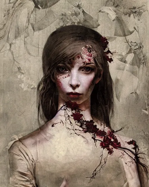 Image similar to a beautiful and eerie baroque painting of a beautiful but serious woman in layers of fear, with haunted eyes and dark hair piled on her head, 1 9 7 0 s, seventies, floral wallpaper, wilted flowers, a little blood, morning light showing injuries, delicate ex embellishments, painterly, offset printing technique