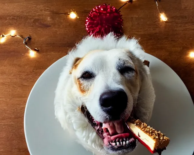 Prompt: 30-year-old dog eating cheesecake for his birthday, old, wrinkly, happy, festive, wholesome