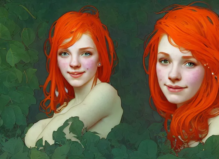 Image similar to portrait of a beautiful smiling girl with orange hair and freckles, green eyes, highly detailed, digital painting, concept art, smooth, sharp, focus, background is purple, trending on deviantart, alphonse mucha